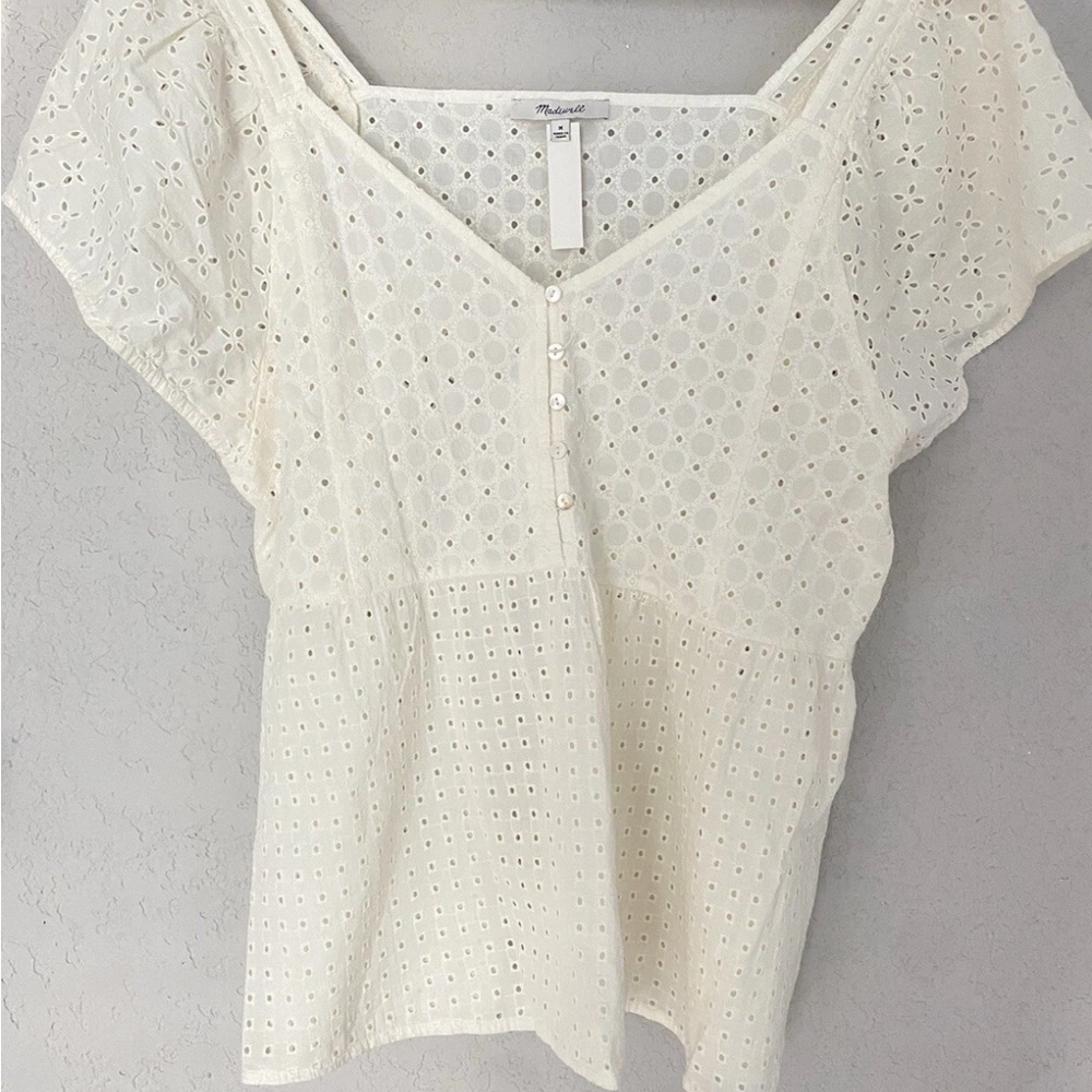 Madewell Women's White Eyelet V-Neck Cotton Blouse Top